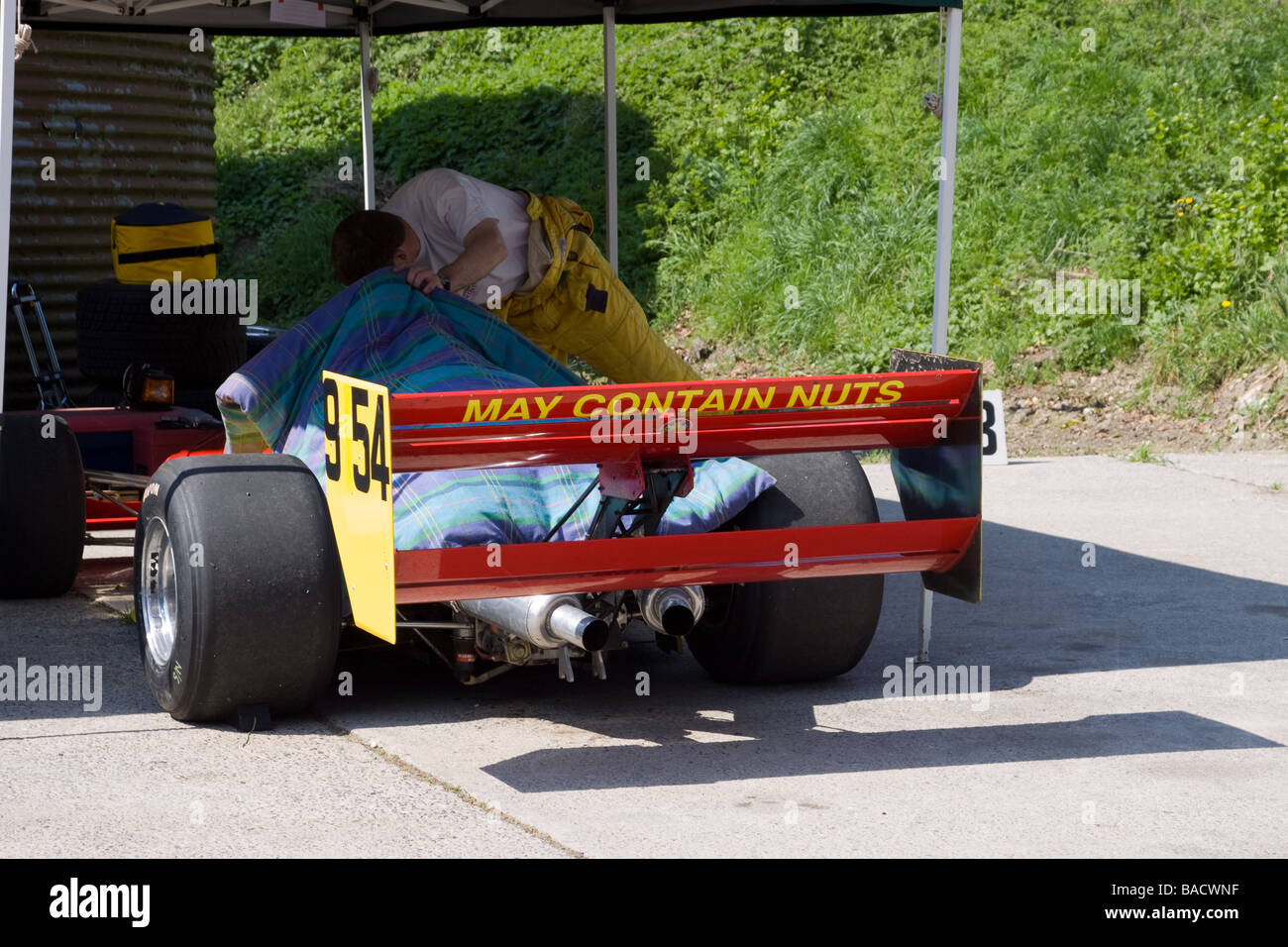 Hill Climb racing car with signage on rear spoiler 'May Contain Nuts' Stock Photo