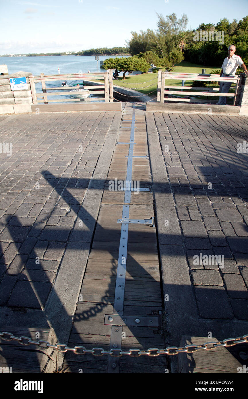 Ralph standing on the far side of Someset Bridge. The shot shows the wooden drawbridge section  in the closed position. Stock Photo
