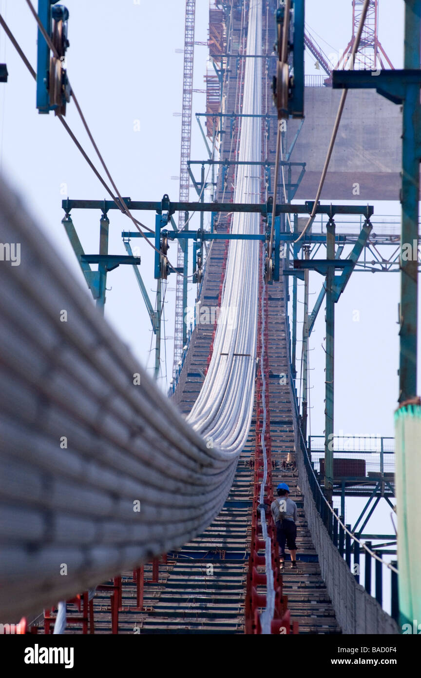 Construction of suspension bridge cables at Runyang Bridge in China c