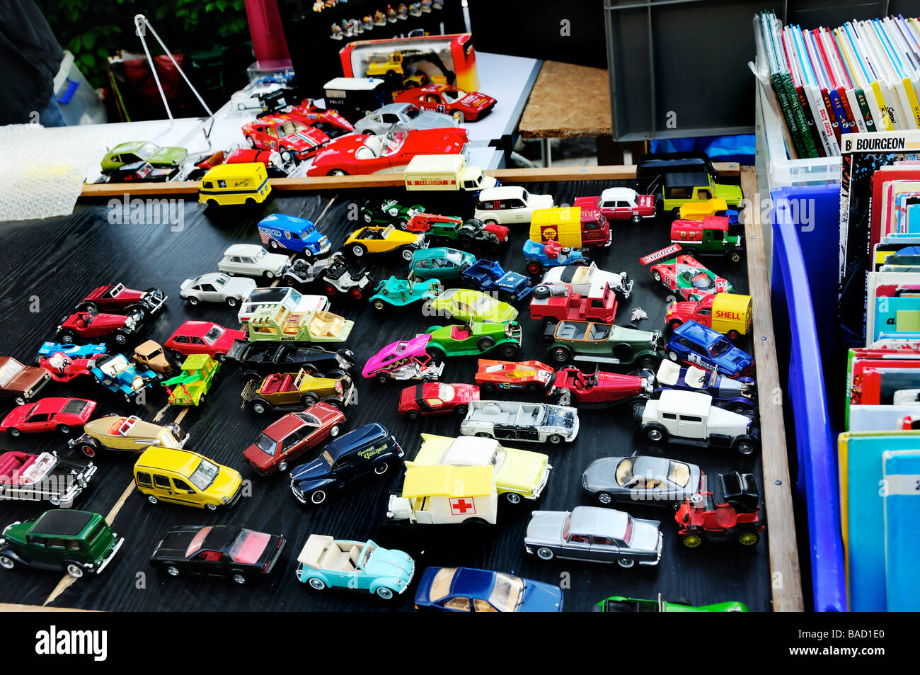 Paris France, Cars, Shopping, Outside Public 'Flea Market' Detail Collectible Children's Vintage toys  Display, Brocante, colorful objects Stock Photo