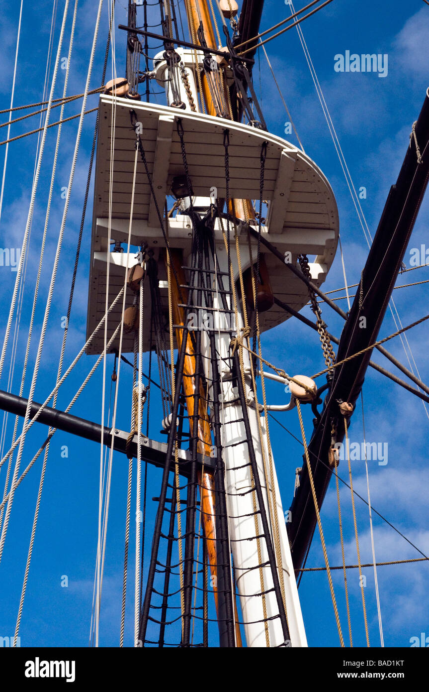 crows nest ships lookout mast and rigging Stock Photo