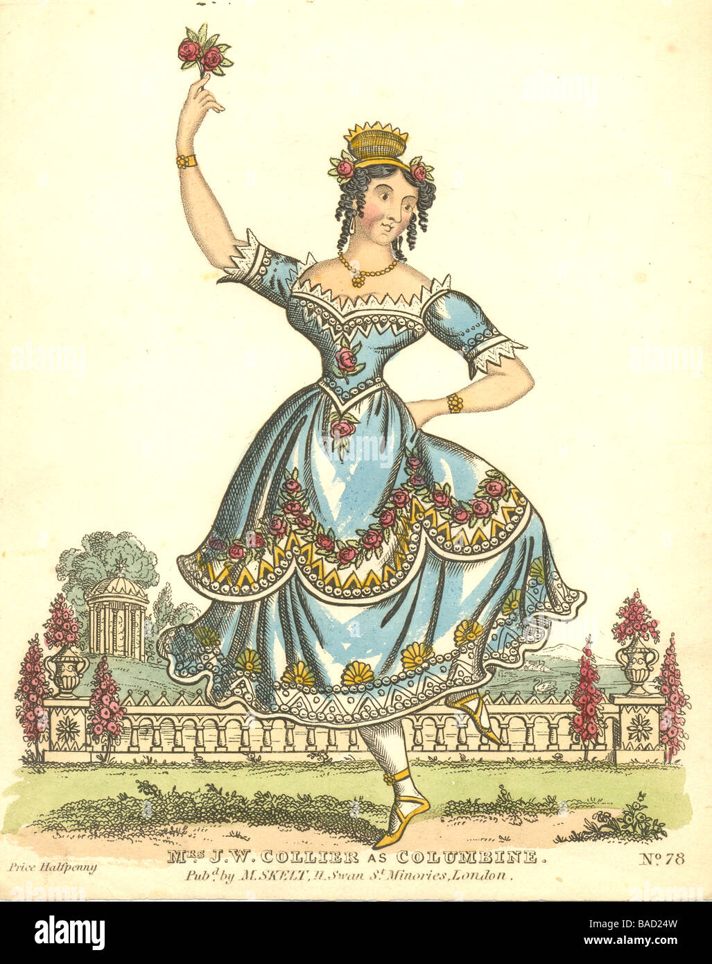 Hand coloured toy theatre print of Mrs J W Collier as Columbine circa 1837 Stock Photo