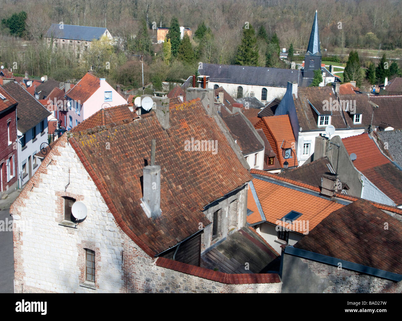 The Church of Saint Josse Au Val and rooftops as seen from the ramparts of Montreuil Sur Mer Stock Photo