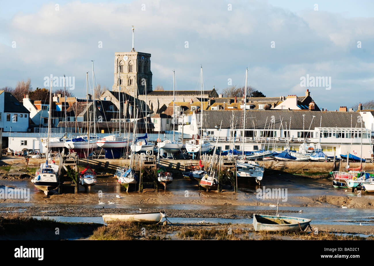 View of Shoreham harbour, Shoreham By Sea, Sussex, featuring the Norman church of St Mary de Haura Stock Photo