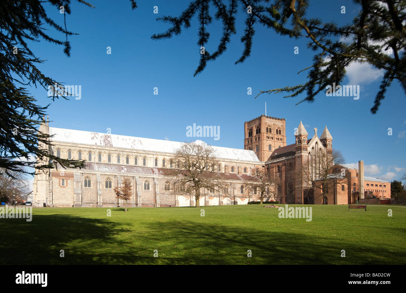 Side viiew of St Albans Abbey St Albans Hertfordshire Stock Photo