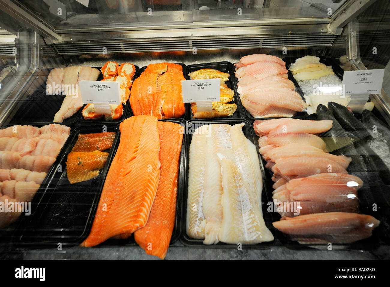Fish display in showcase in grocery store Stock Photo