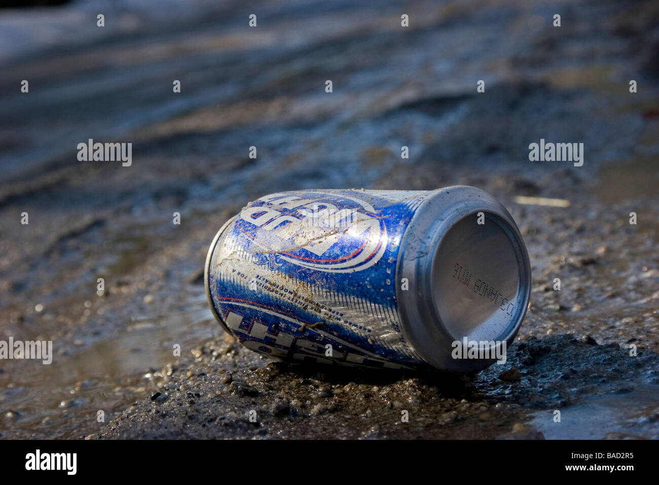 Discarded aluminum Bud Lite can litter rubbish in road Stock Photo