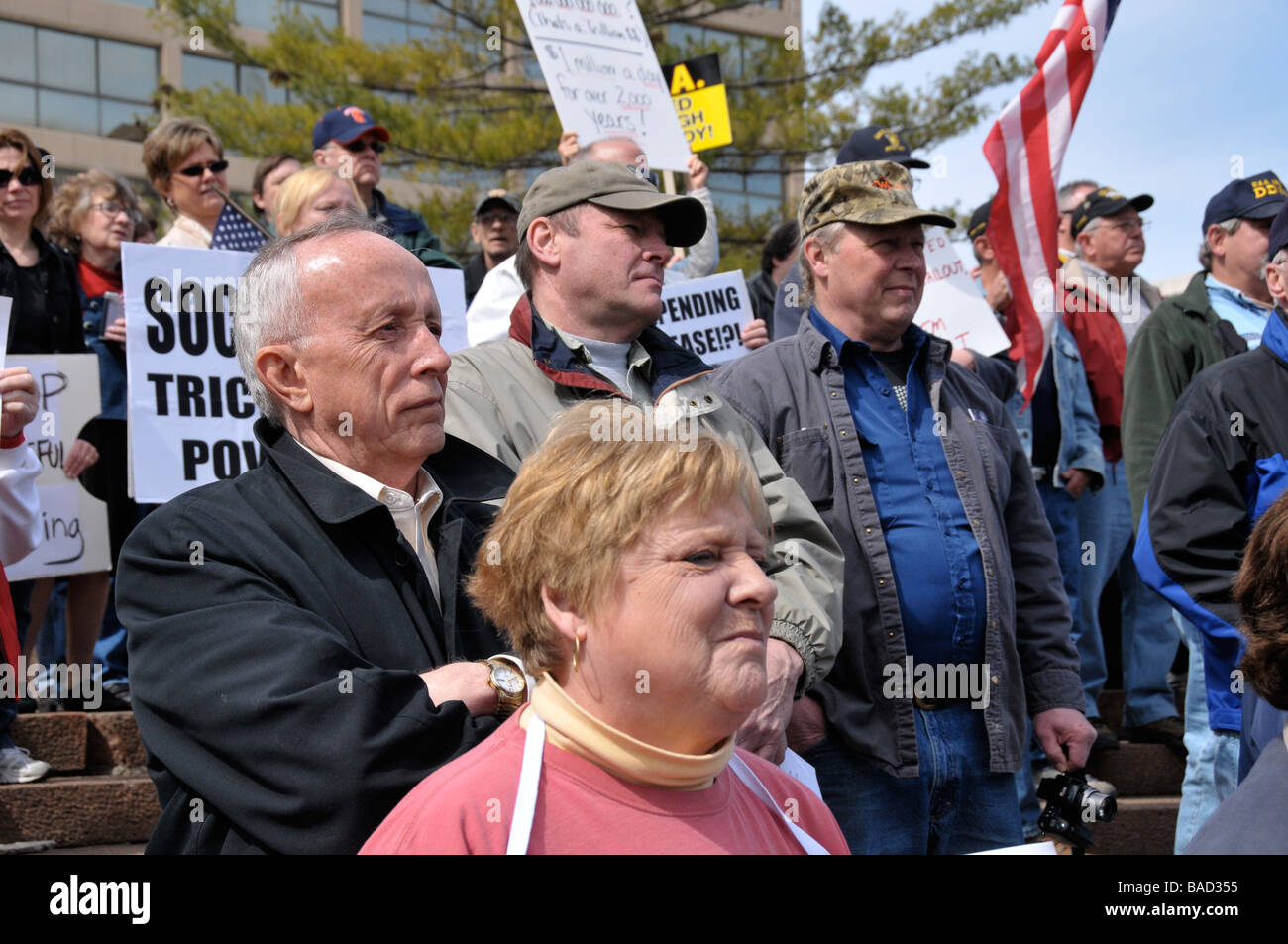 Tax day, April 15 Tea Party peaceful protest in Rochester, NY USA. Stock Photo