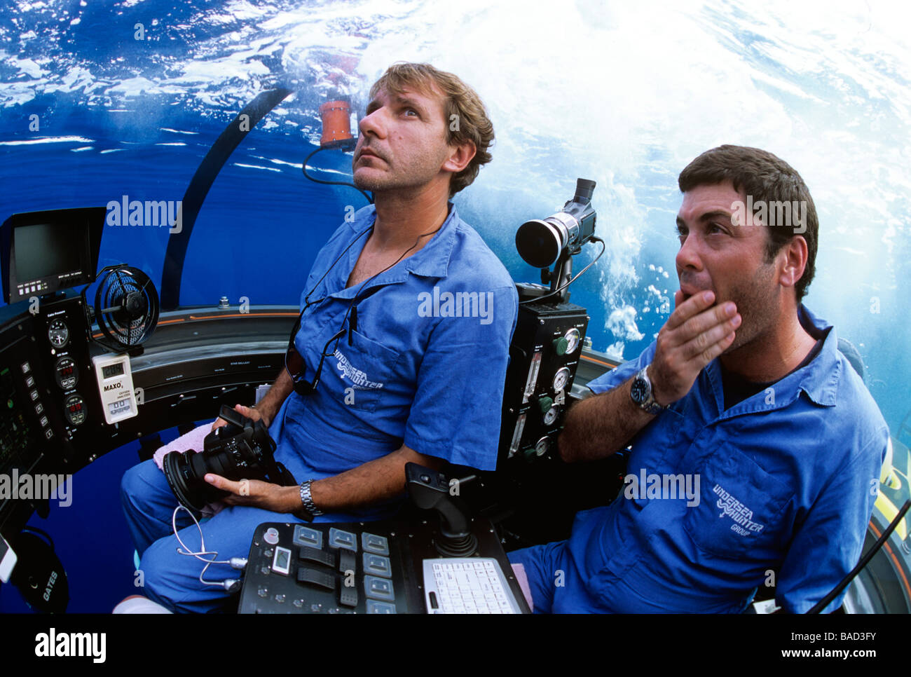 Pilots operate DeepSee deep diving submersible Cocos Island Costa Rica Pacific Ocean Stock Photo