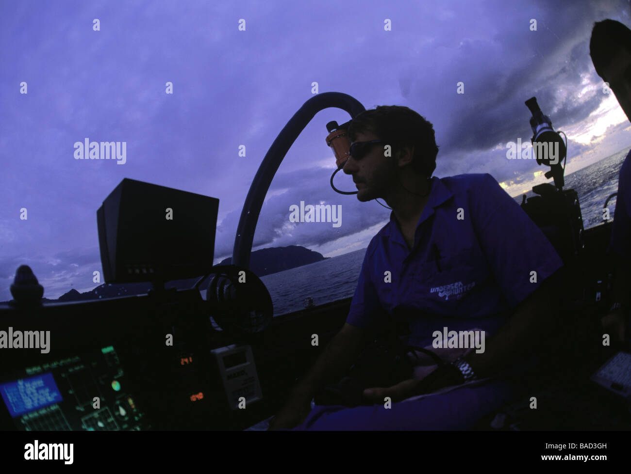 Pilots operate DeepSee deep diving submersible Cocos Island Costa Rica Pacific Ocean Stock Photo