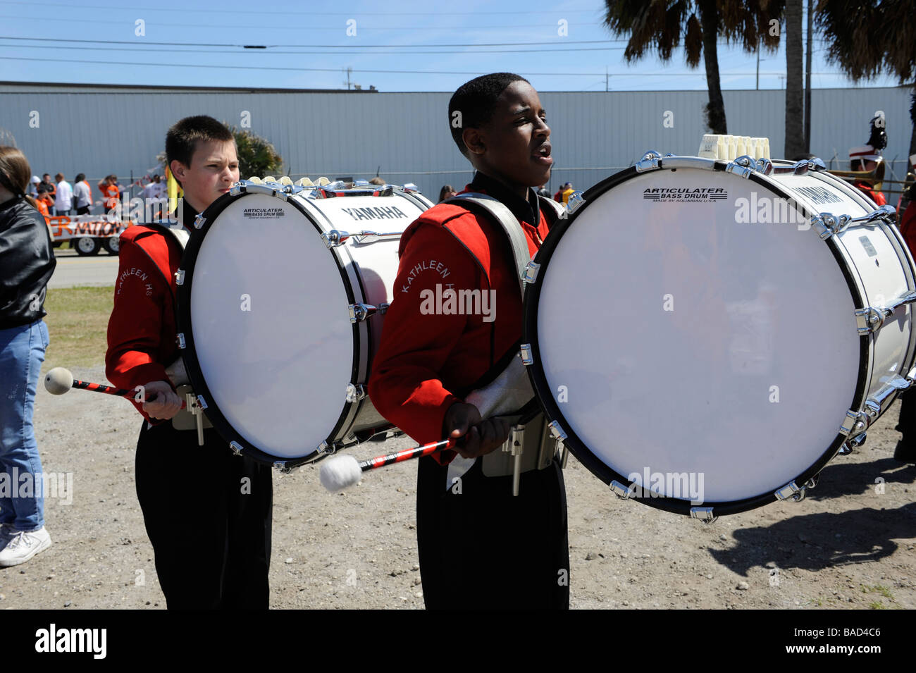 High School Band Members playing drum at Strawberry Festival Parade Plant City Florida Stock Photo