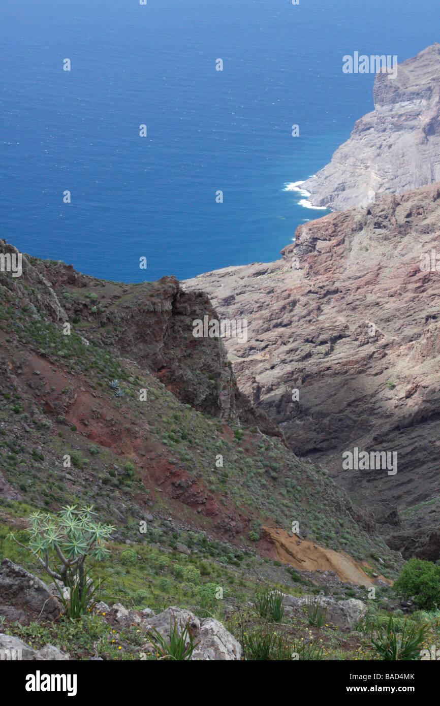 Looking down from the La Merica plateau on La Gomera. Alojera lies right to that. Stock Photo