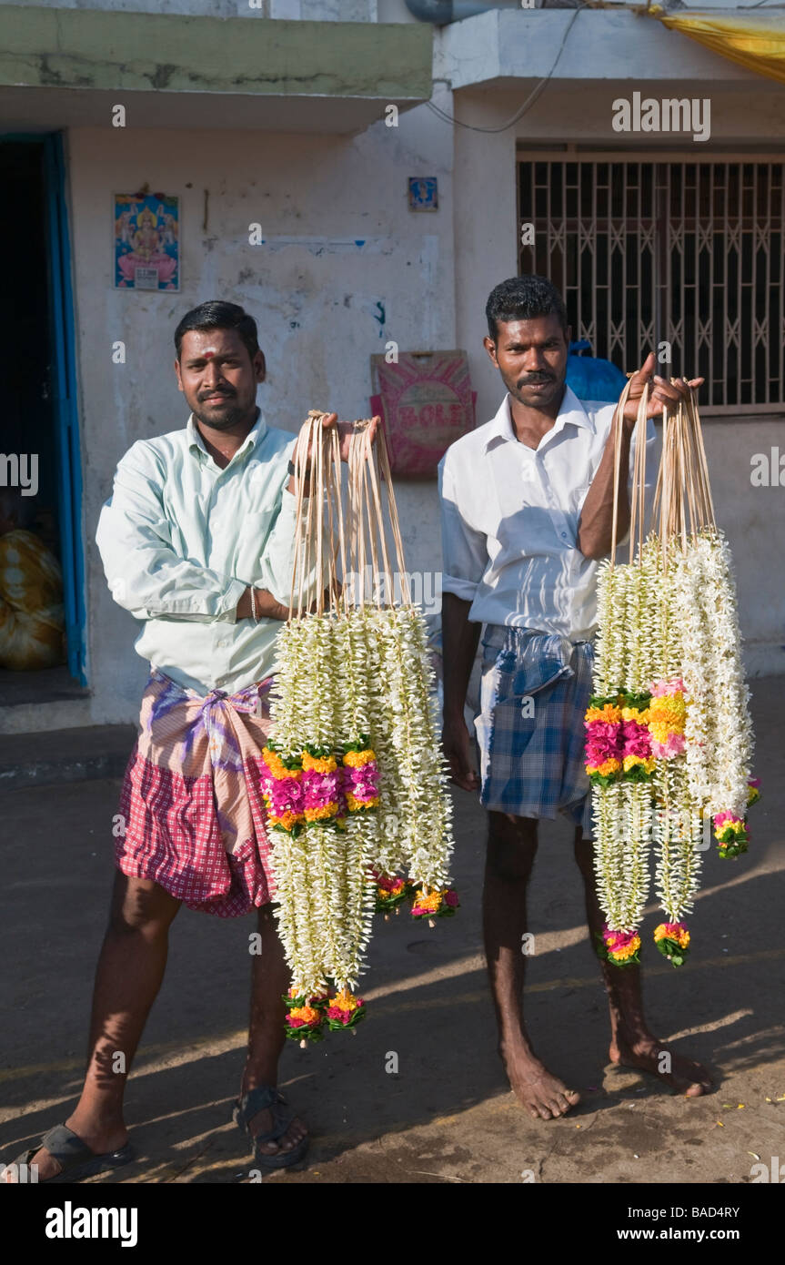 Garland sellers Velankanni Tamil Nadu India Stock Photo