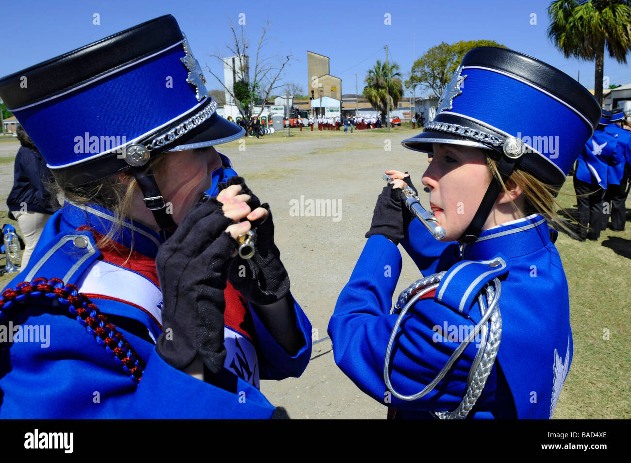 High School Band Members playing fllute at Strawberry Festival Parade Plant City Florida Stock Photo