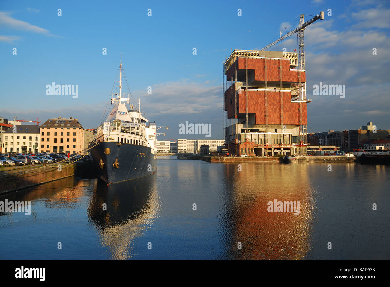 View of the yacht harbour (marina) of Antwerp, Belgium with the construction site of the MAS museum. Stock Photo