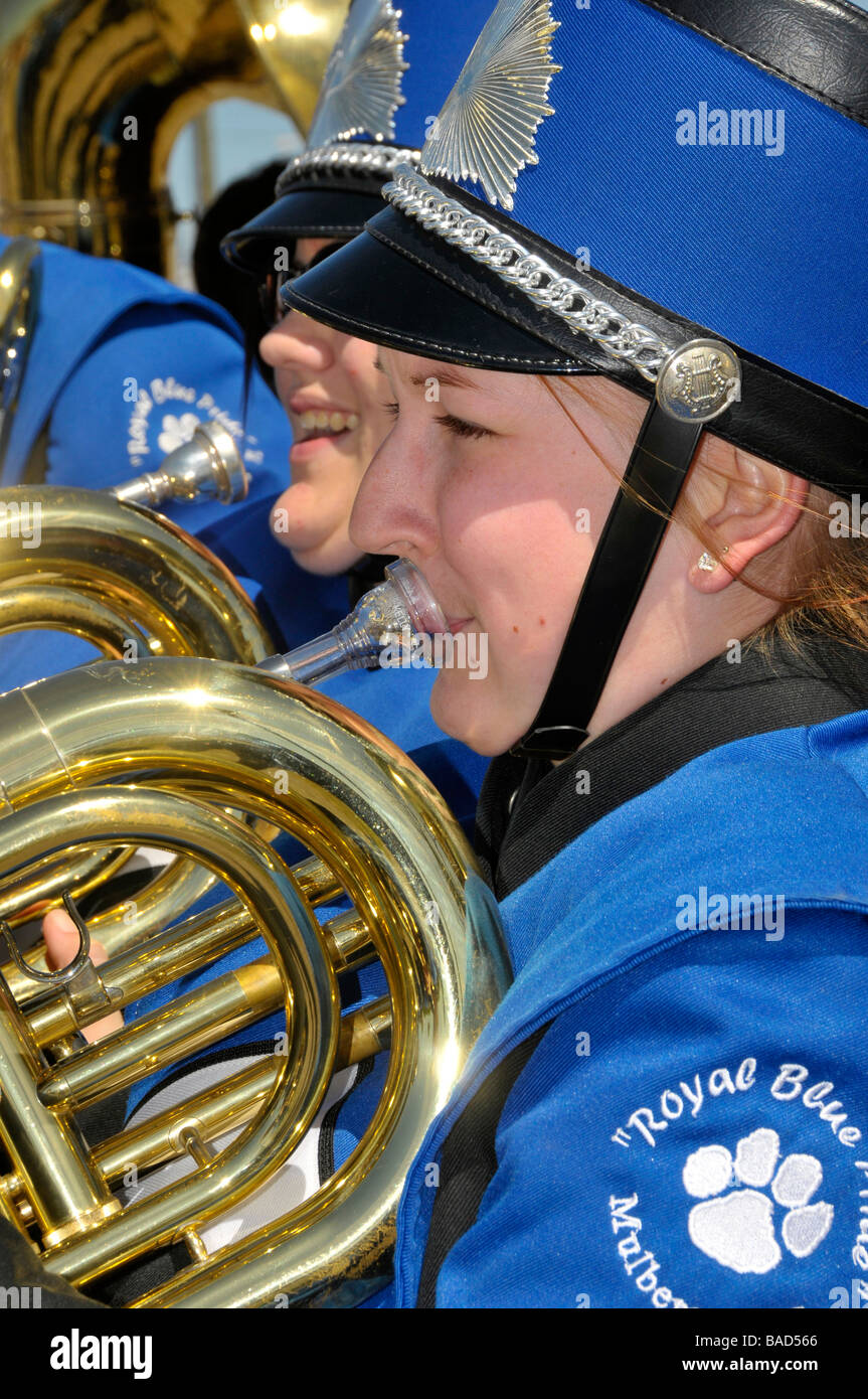 High School Band Member plays french horn at Strawberry Festival Parade Plant City Florida Stock Photo