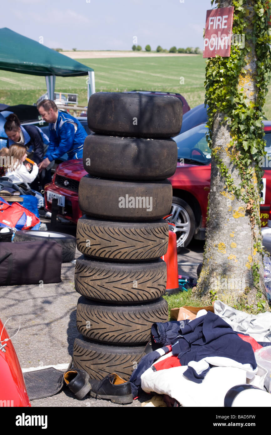 Pile of Racing Tyres in Pits at hill climb Stock Photo