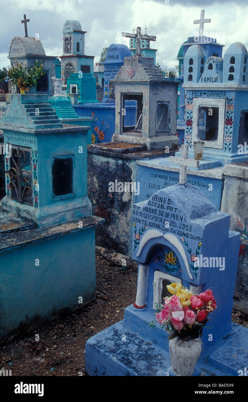 Family graves or osarios at the Cementerio Hoctun, a Mayan cemetery ...