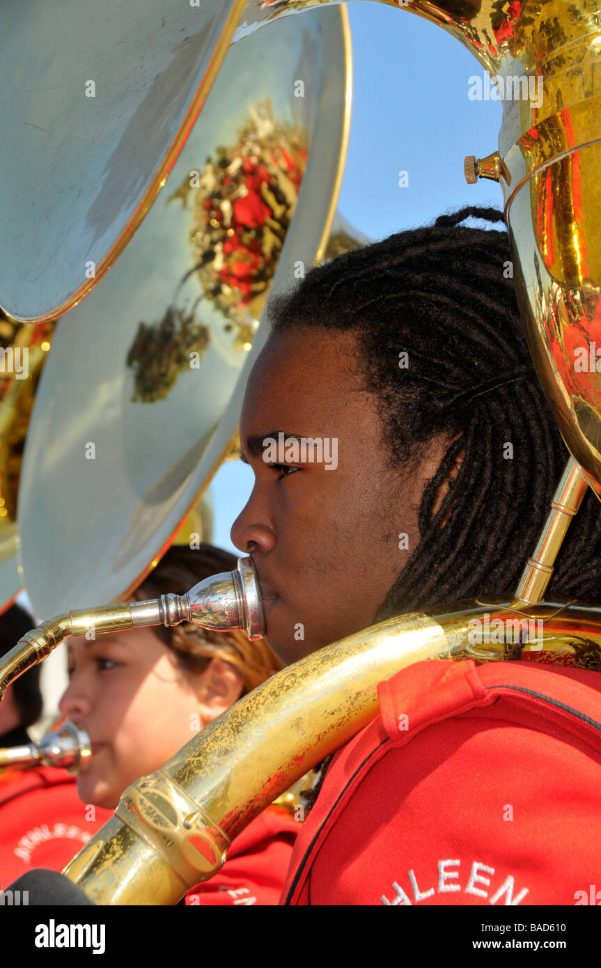 African American High School Band Member plays tuba at Strawberry Festival Parade Plant City Florida Stock Photo