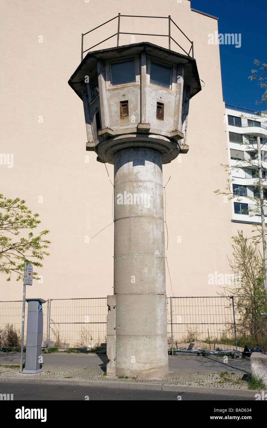 Watchtower from former Berlin Wall, In Erna Berger Strasse, Berlin, Germany Stock Photo