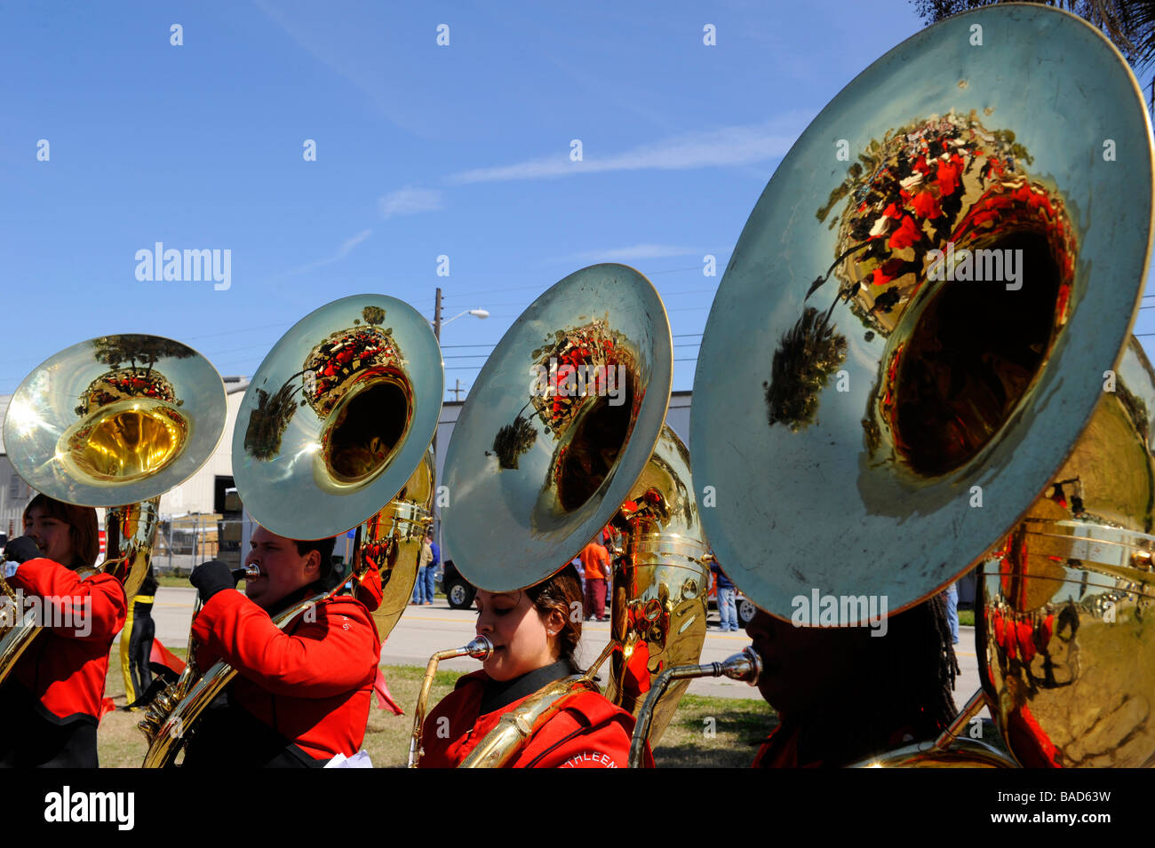 High School Band Members play tubas at Strawberry Festival Parade Plant City Florida Stock Photo