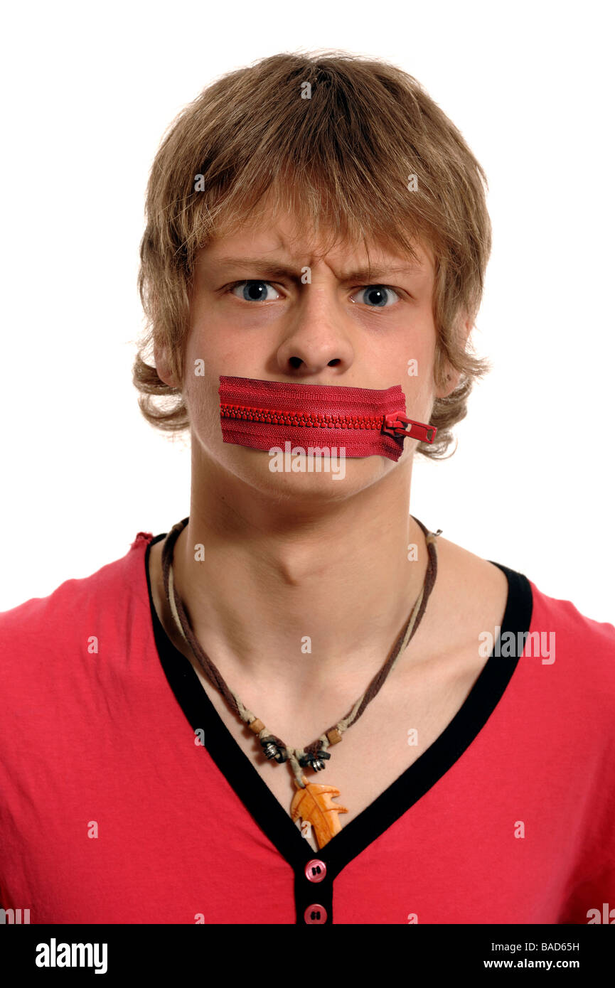 Boy with mouth zipped shut Stock Photo