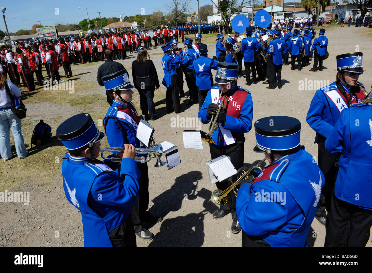 High School Band Members at Strawberry Festival Parade Plant City Florida Stock Photo