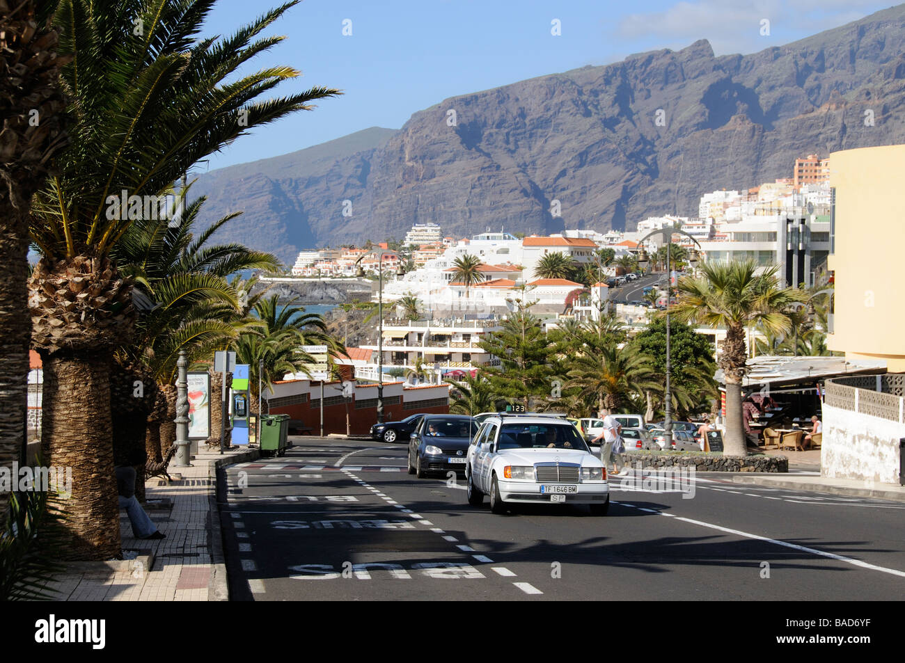 Cliffs of Gigantes and traffic flow on coastal road Tenerife Canary Islands Stock Photo
