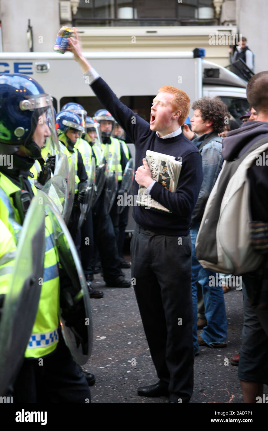 Protester taunts police on Cornhill during G20 protests Stock Photo