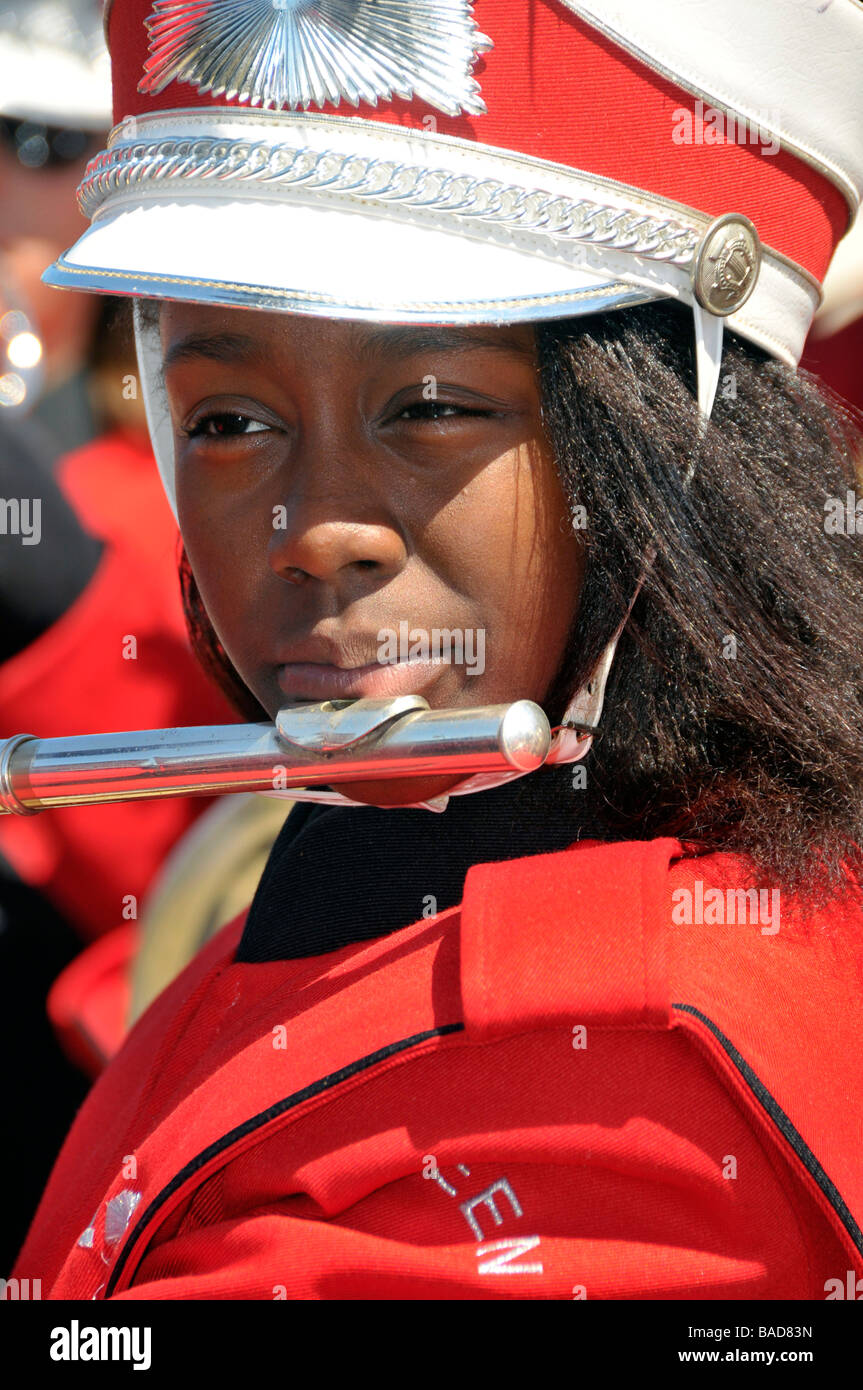 African American High School Band Member playing fllute at Strawberry Festival Parade Plant City Florida Stock Photo