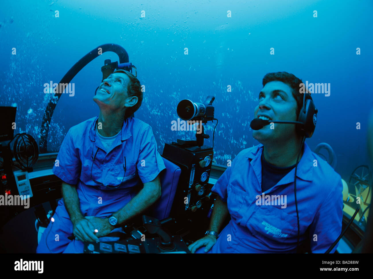 Pilots operate DeepSee deep diving submersible Cocos Island Costa Rica Pacific Ocean Stock Photo