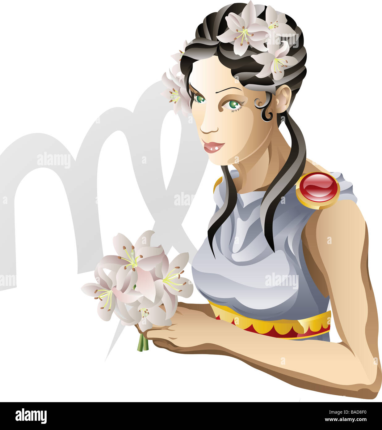 Illustration representing Virgo the virgin star or birth sign Includes the symbol or icon in the background Stock Photo