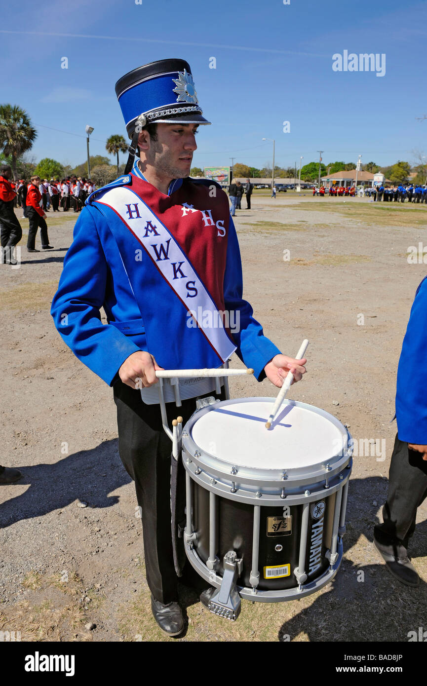 High School Band Members playing drum at Strawberry Festival Parade Plant City Florida Stock Photo
