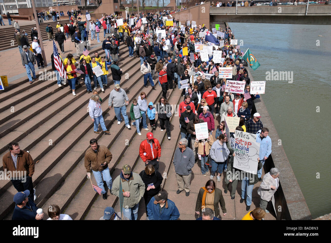 Tax day, April 15 Tea Party peaceful protest in Rochester, NY USA. Stock Photo