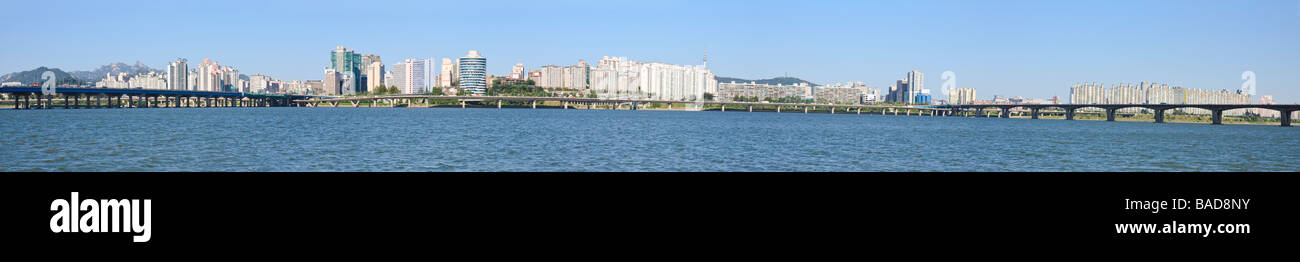 Panorama of Seoul city skyline and Han River Stock Photo