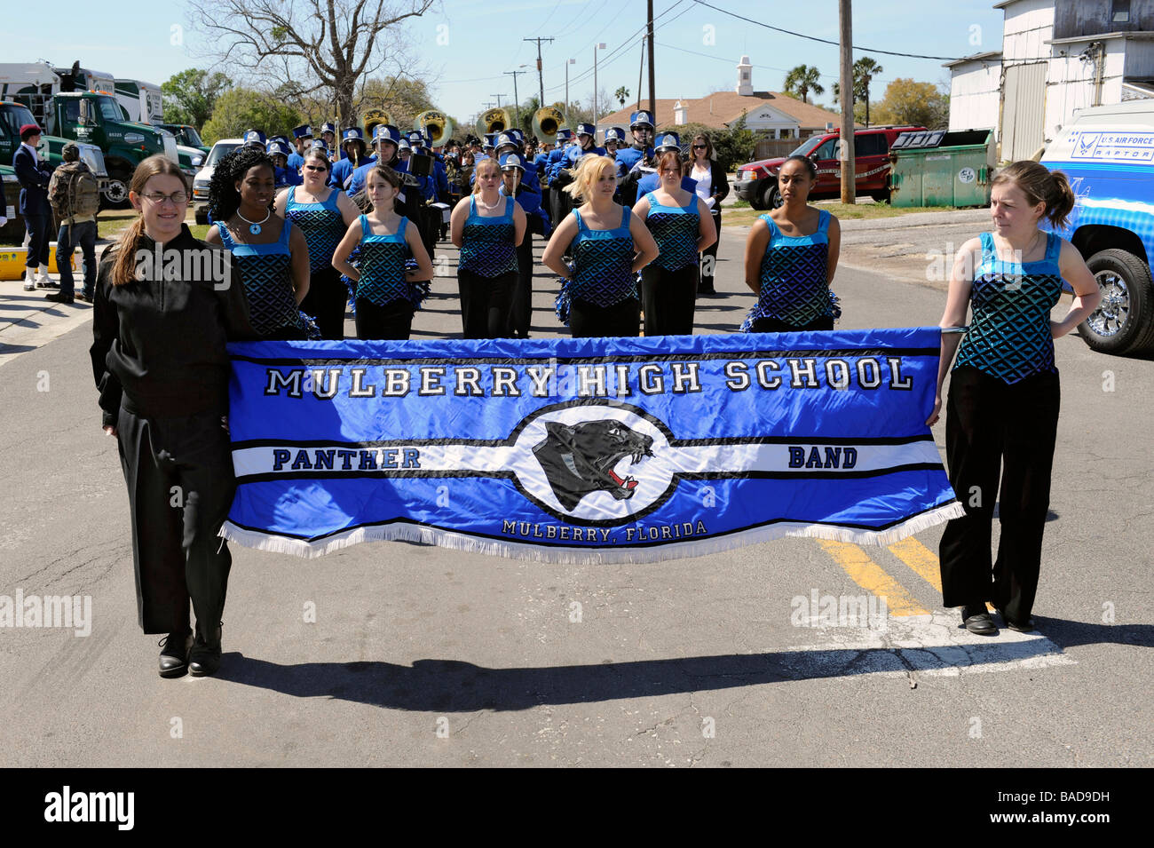 High School Band Banner at Strawberry Festival Parade Plant City Florida Stock Photo