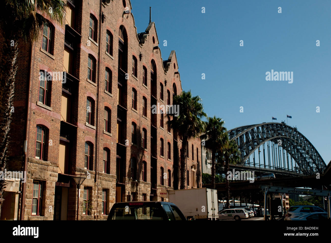 Historical building and Harbour Bridge The Rocks Sydney NSW Australia Stock Photo