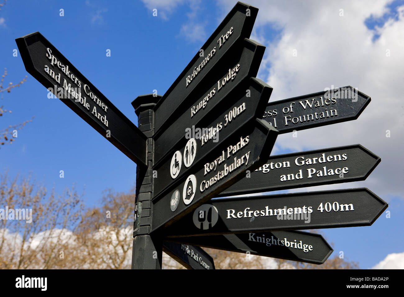 United Kingdom, London, Hyde Park, direction signs Stock Photo