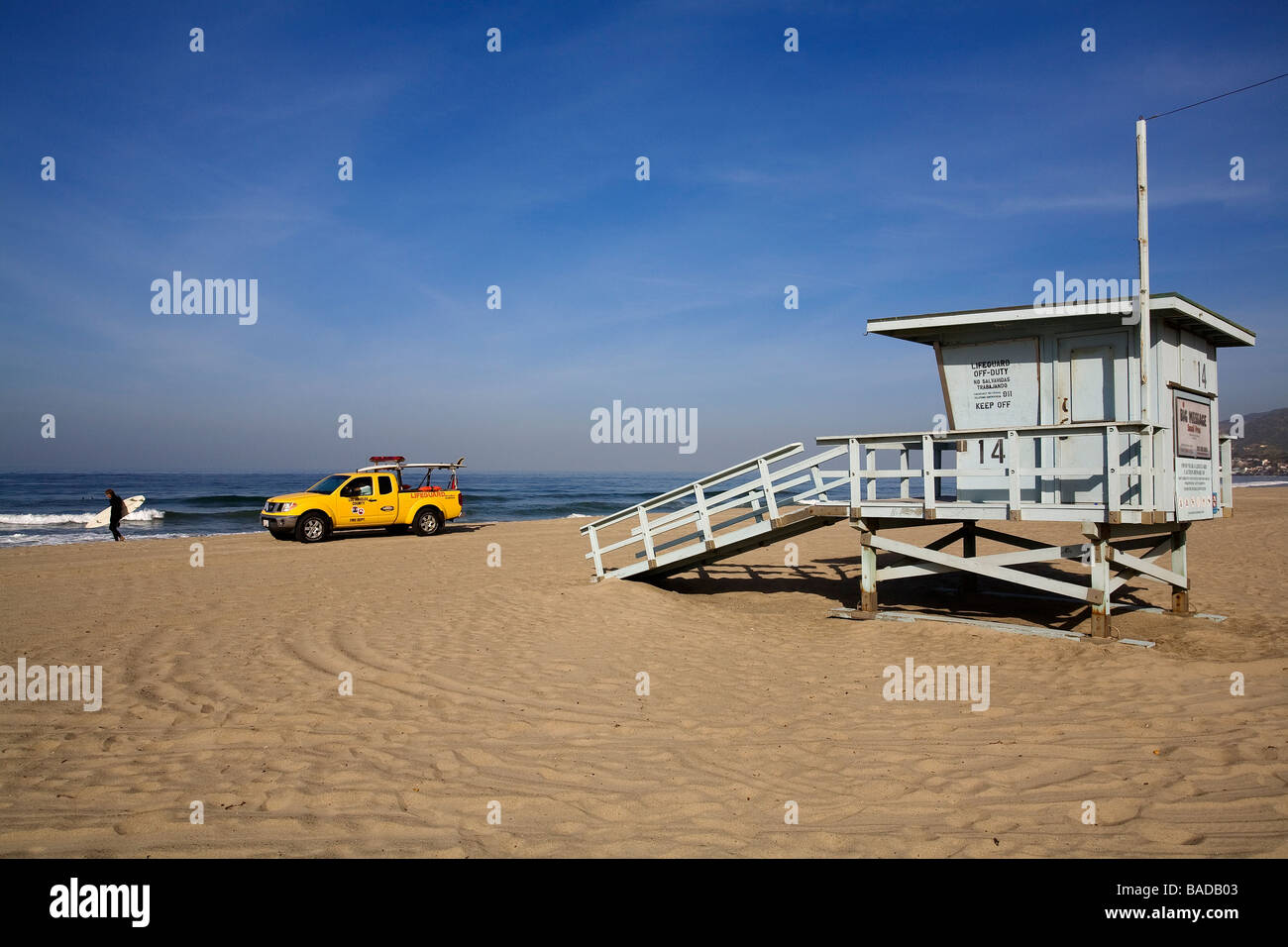 United States, California, Los Angeles, Malibu, the beach hut master swimmer lifeguard, surfer, surveillance patrol car Stock Photo