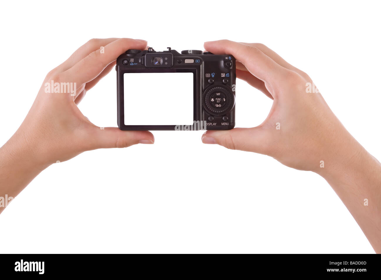 Hand photographing with a digital camera isolated on white Stock Photo