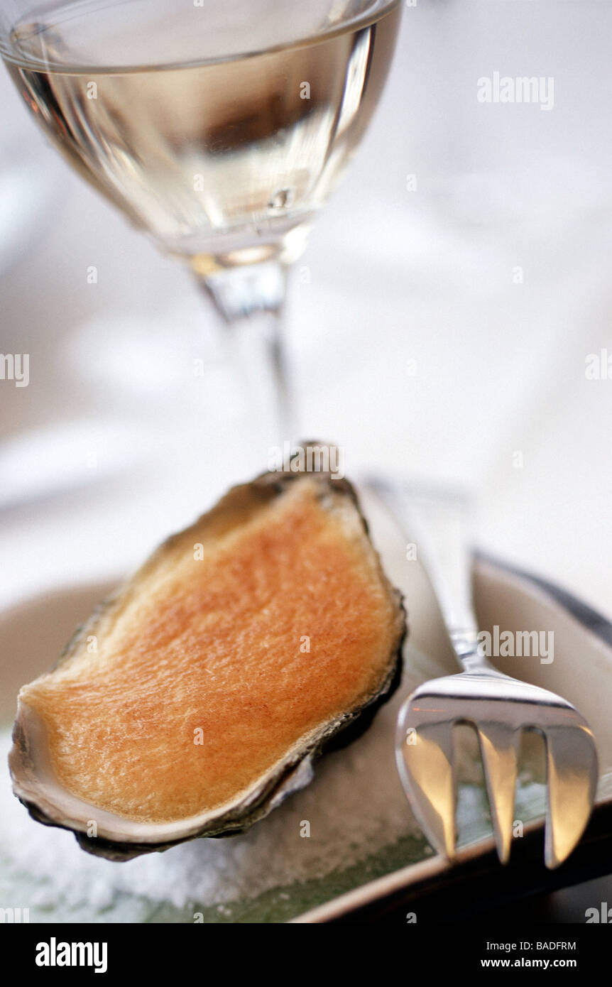France, Finistere, Brest, La Fleur de Sel restaurant, warm Prat ar Coum oyster and pink onion from Roscoff with oat milk, Stock Photo