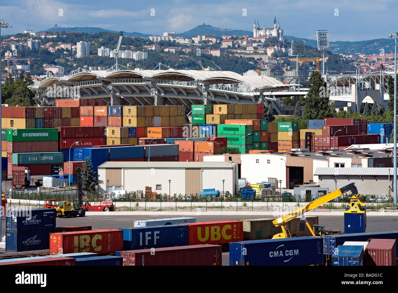 France, Rhone, Lyon, Edouard Herriot River Port Terminal Container Stock Photo