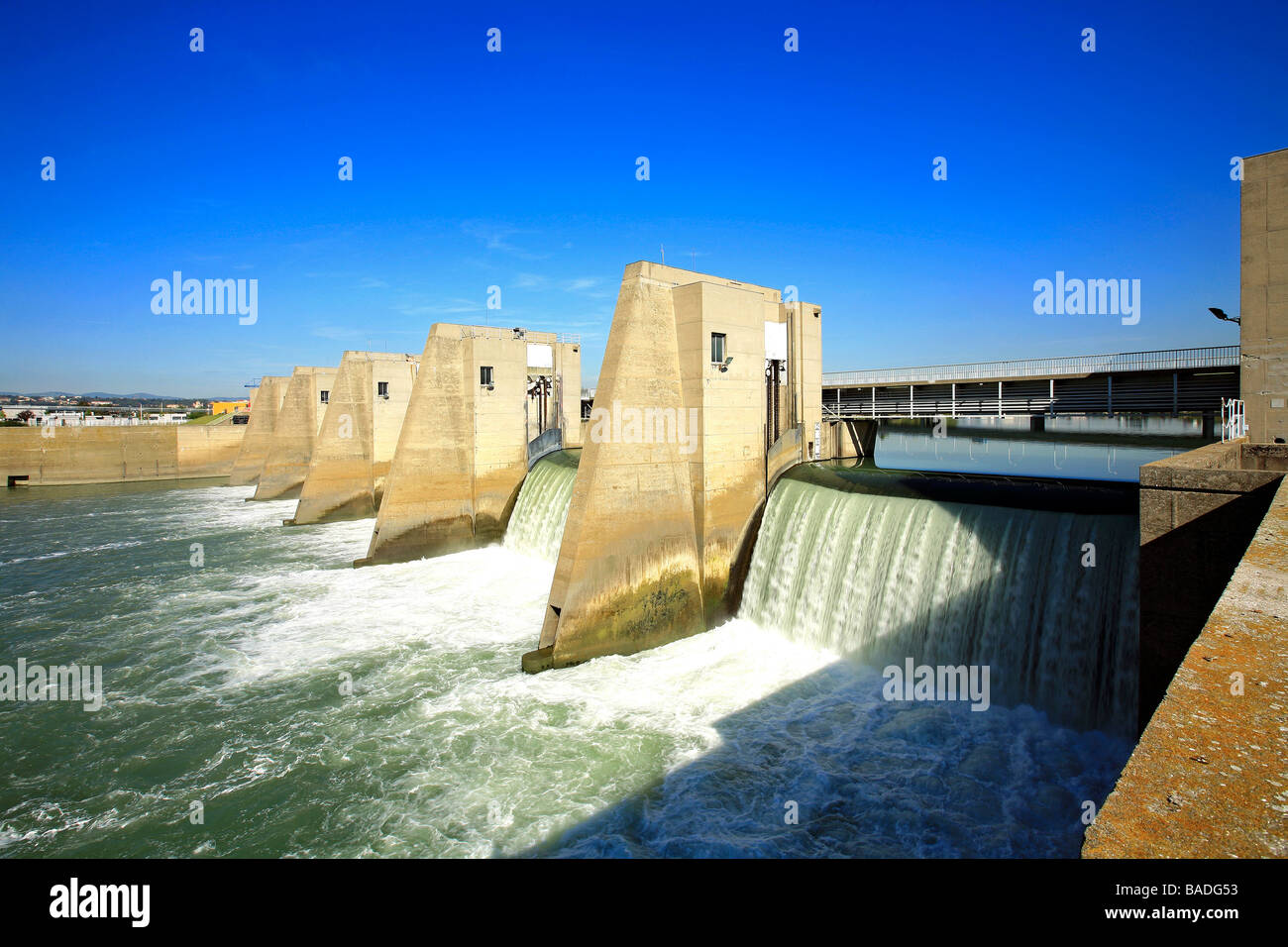 France, Rhone, Pierre Benite Barrage on the River Rhone, Hydroelectric power generating Lock Stock Photo