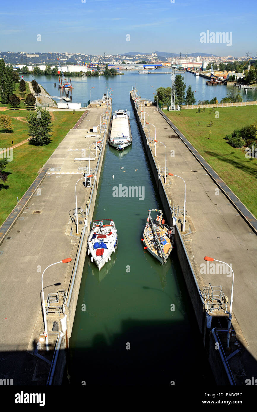 France, Rhone, Lyon, Lock Entrance above Pierre Benite Centrale Ecluse