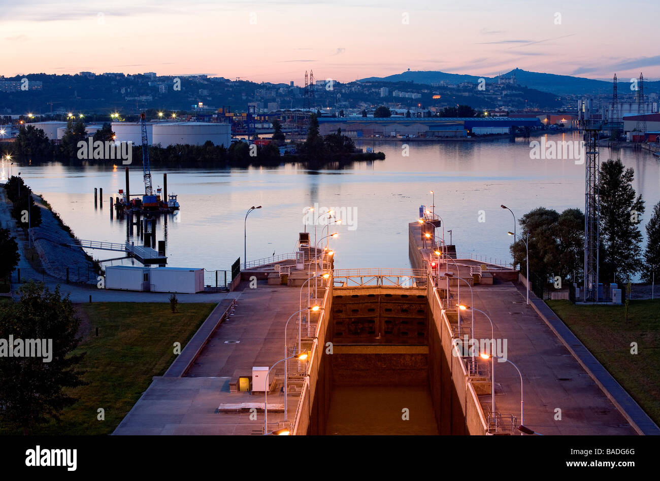 France, Rhone, Lyon, Pierre Benite Lock, Edouard Herriot River Port in the Background Stock Photo