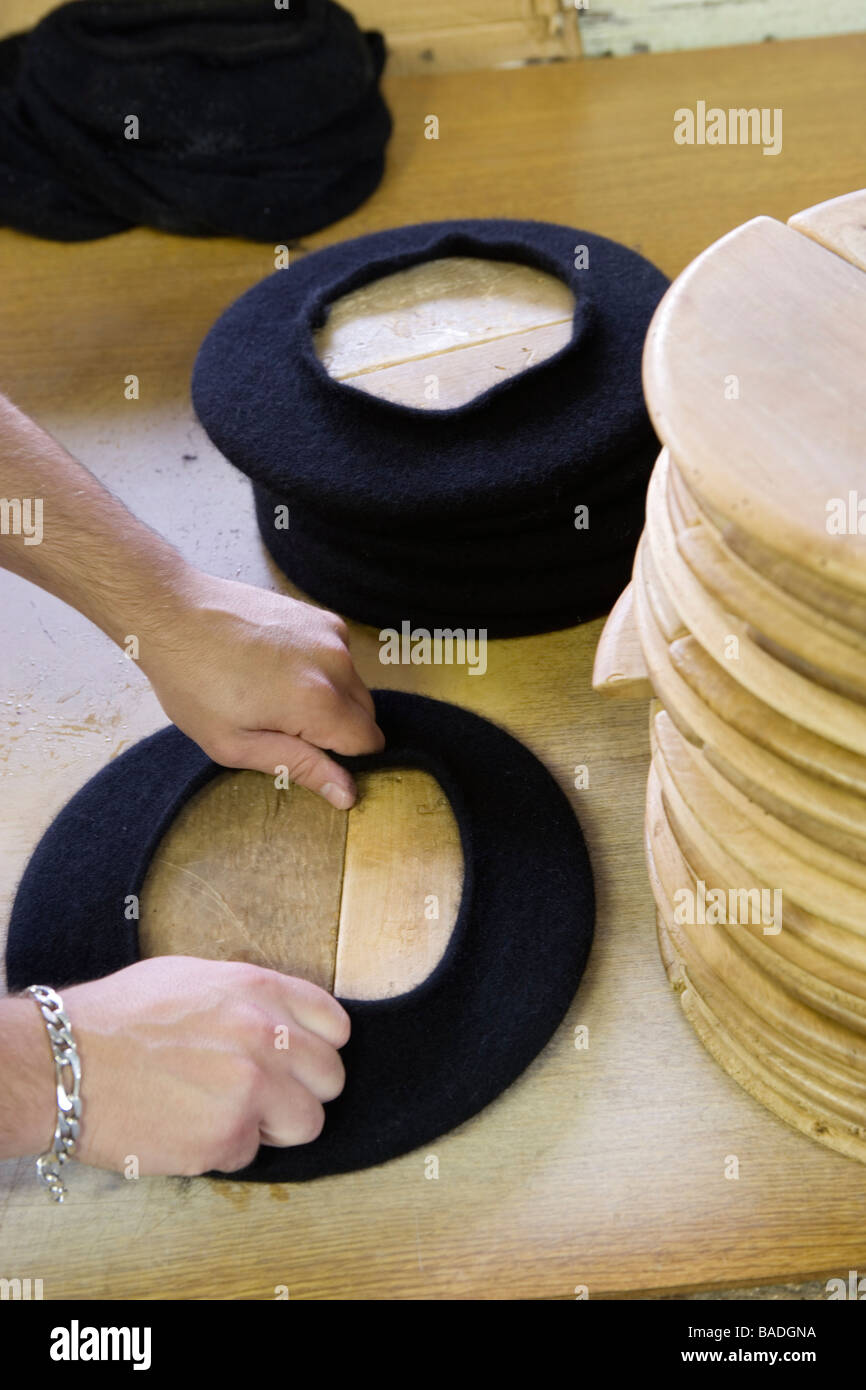 France, Pyrenees Atlantiques, Nay, Blancq Olibet factory, traditional making of Basque and Bearn berets, the final diameters of Stock Photo