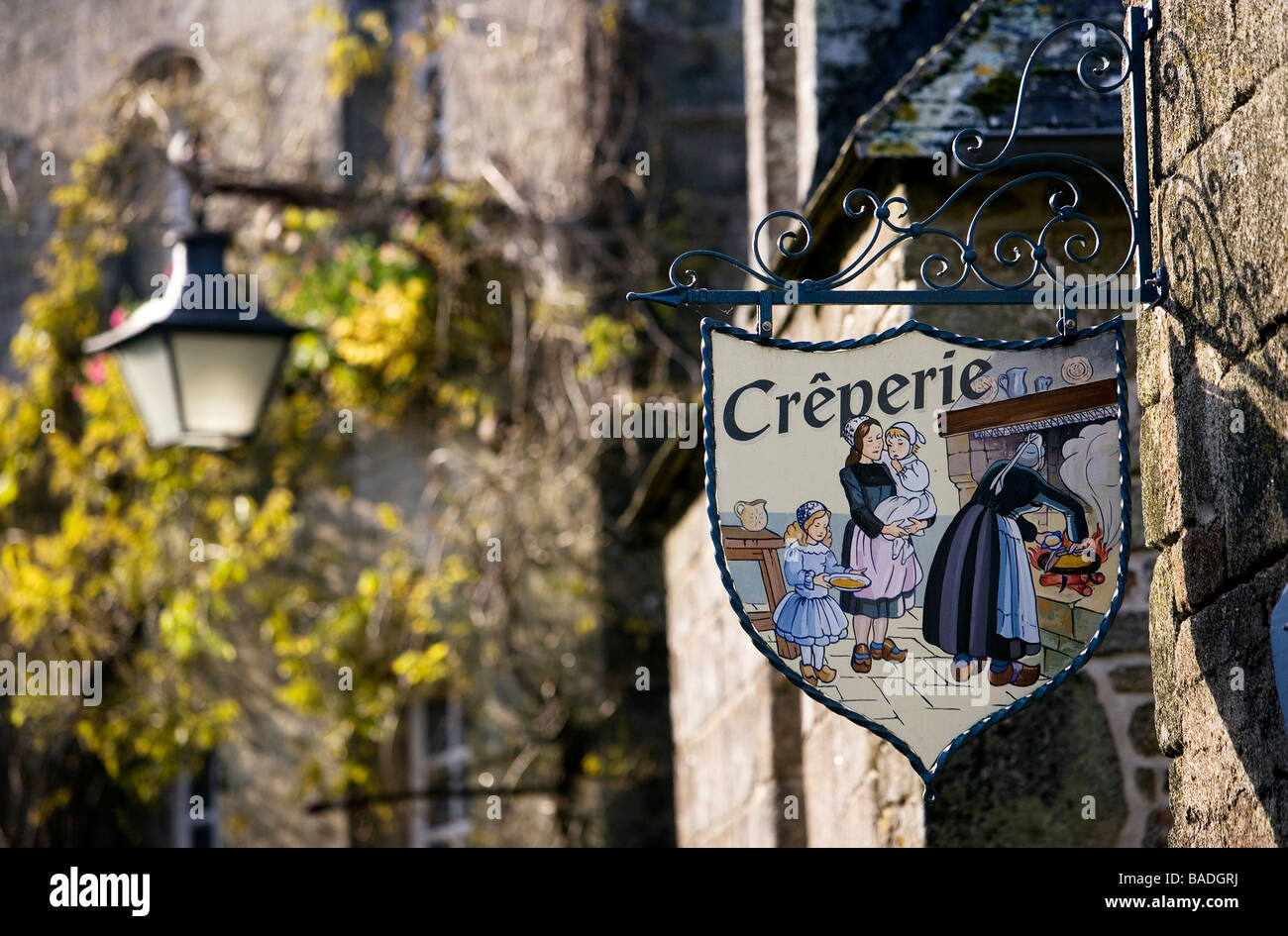 France, Finistere, Locronan, Renaissance granite houses, creperie's sign Stock Photo