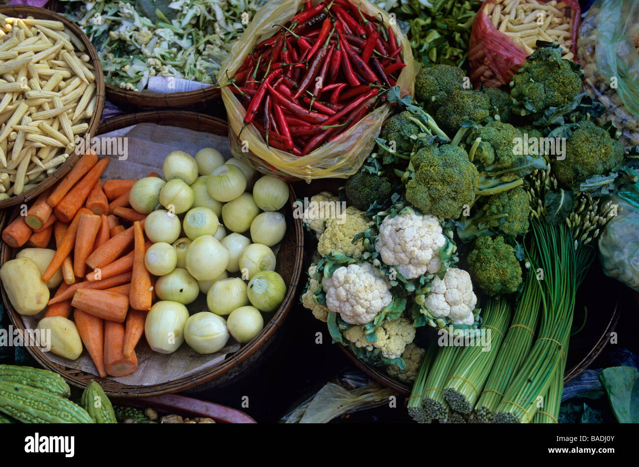 Cambodia, Phnom Penh, market, close up on a vegetable stall Stock Photo