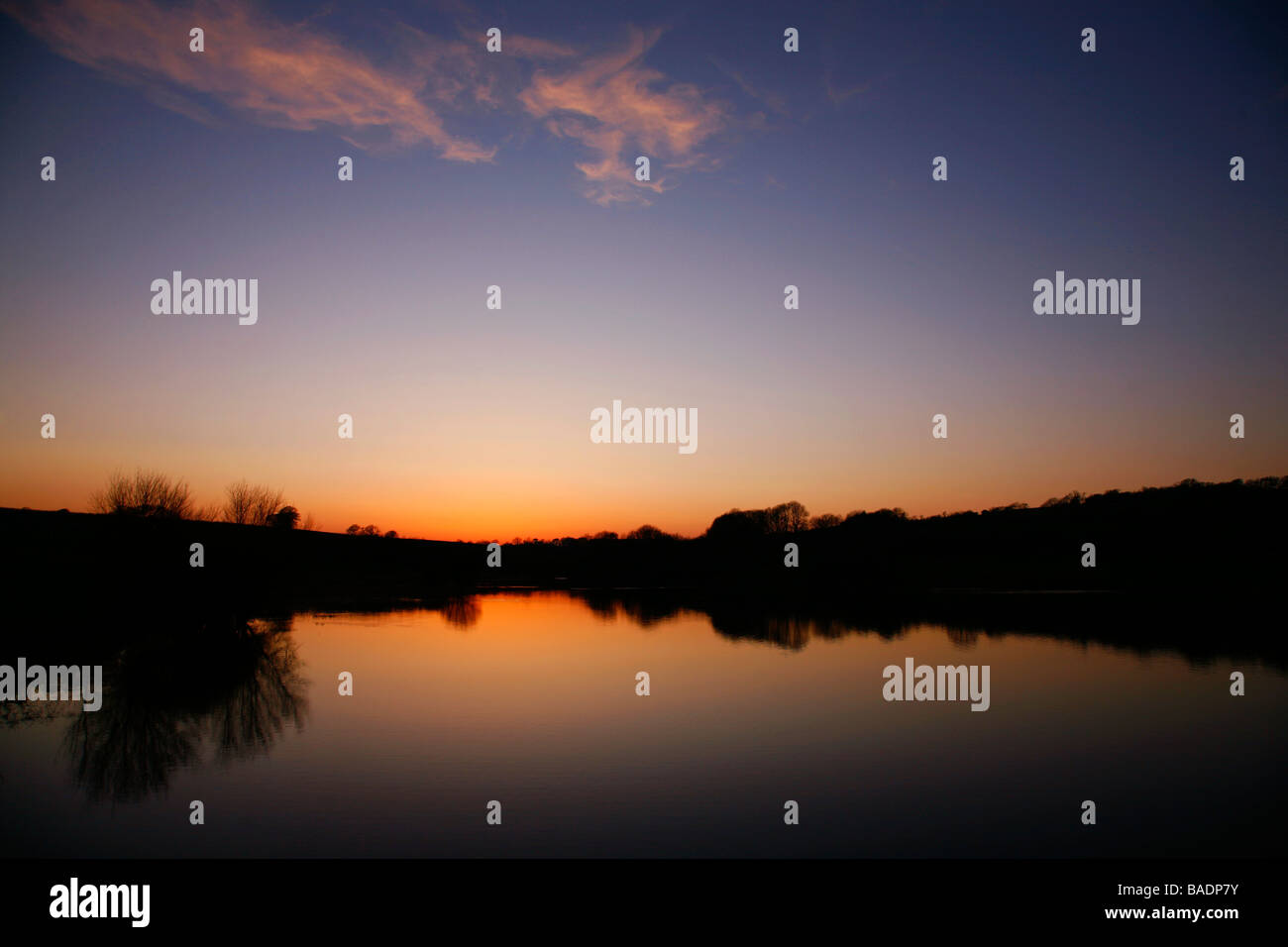 Sunset over Sutton Bingham Reservoir, a popular place for fishing and