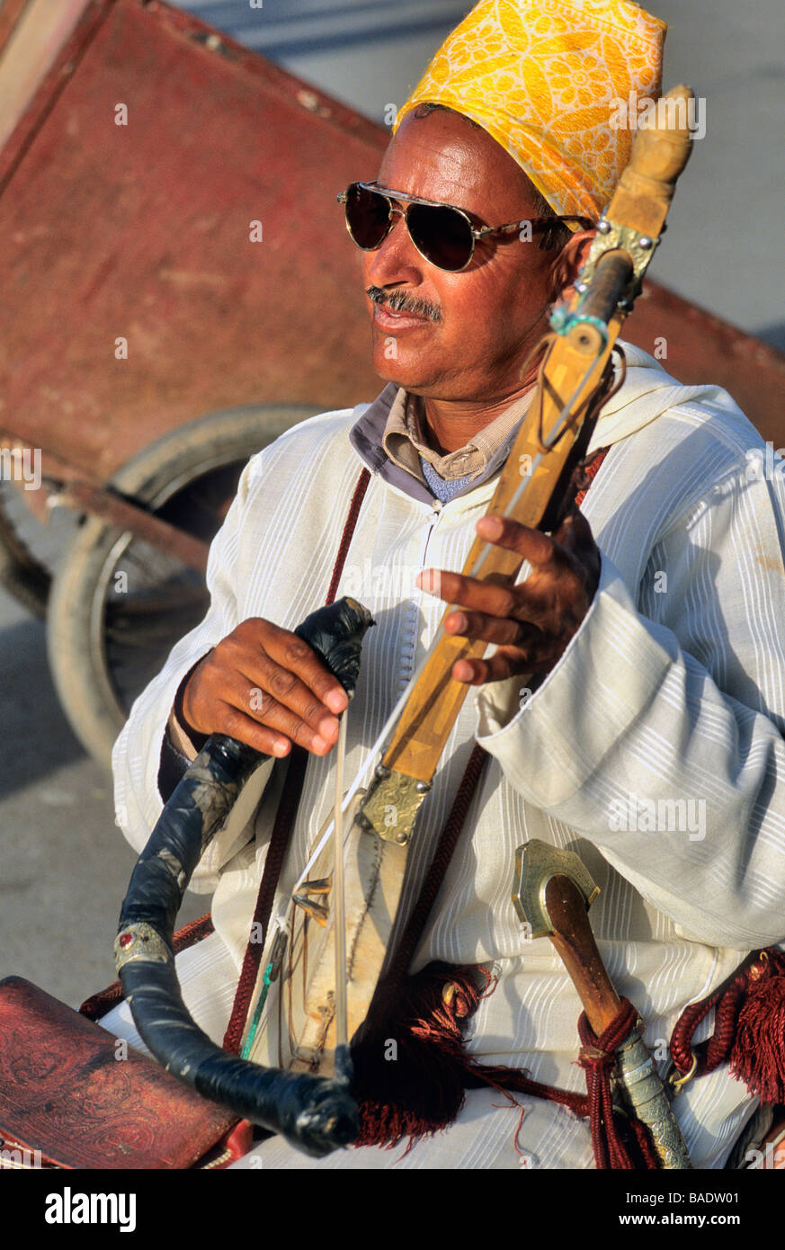 Morocco, Marrakech, imperial city, musician on the Jemaa el Fna classified as World Heritage by UNESCO Stock Photo